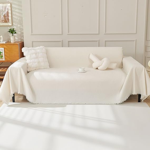 Chenille Sofa Cover 2 Seater, Dog Couch Cover for Corner Sofa, Washable Sofa Slipcover, Couch Protector Loveseat Futon L Shaped Covers with Tassel, Suitable for All Seasons, 180 x 260 cm, Beige