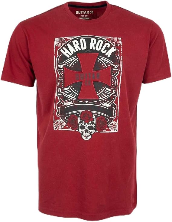 Hard Rock Guitar Company Adult Fit Tee, Red, Cross Skull Roses