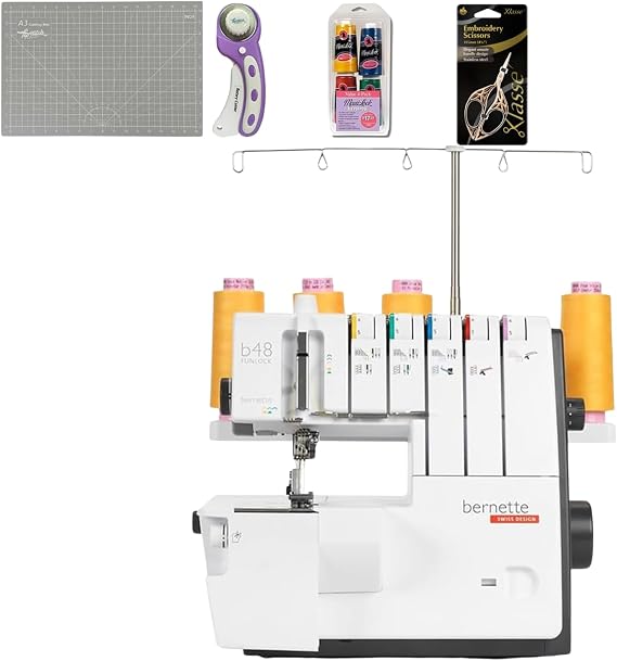 Bernette B48 Funlock Serger Coverstitch Overlock Machine Bundle | Scissors, Rotary Cutter, Threads, Foldable Self-Healing Cutting Mat | Heavy Duty Sewing & Quilting for Beginners & Professionals