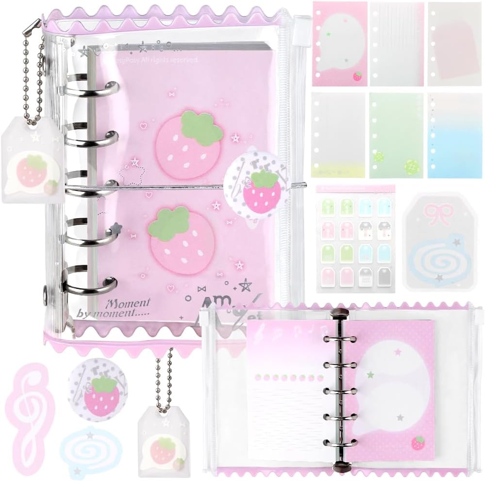 Kawaii M5 5 Ring Binder Notebook Refillable PVC Pink Strawberry Notebooks Loose Leaf Binder Notebooks Cute Small Zip Notebook Refillable Campus Journal Notebook for School Office Accessories