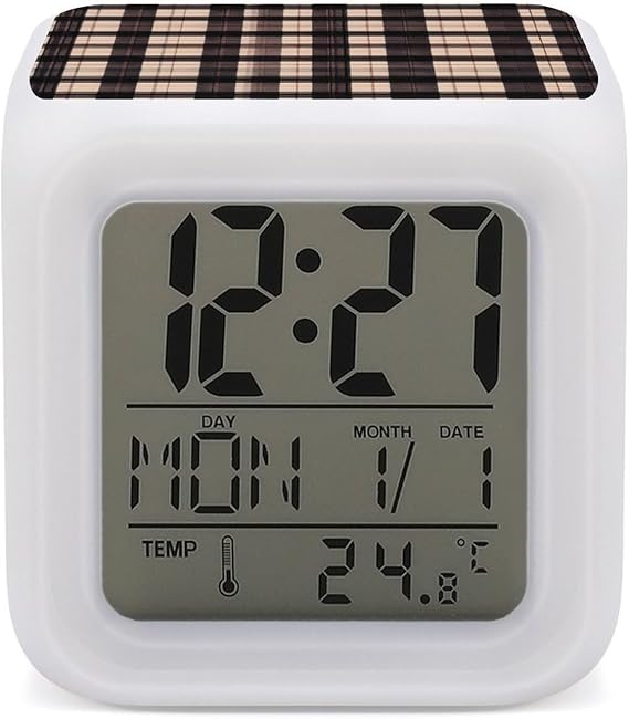 Brown - Black Plaid Alarm Clocks for Bedrooms Portable LED Colorful Travel Clock 3-Inch Cube Digital Alarm Clock for Heavy Sleepers