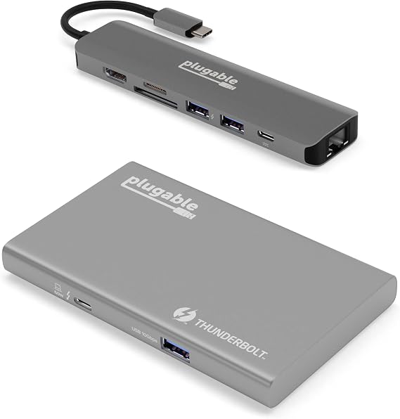 Plugable USB4 Hub Bundle Includes USB-C to 4K HDMI Adapter and 7-in-1 Multiport Adapter with Ethernet, Single 8K or Dual 4K Display, 60W Charging, Compatible with Thunderbolt 4/3 Macs and Thunderbol