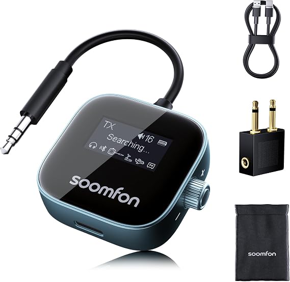 SOOMFON Airplane Bluetooth 5.3 Transmitter Receiver for TV to 2 Headphones | Airplane Bluetooth Adapter Low Latency with LCD Display 3.5mm for Plane Flying Gym Car Home Stereo System 15H Long Playtime