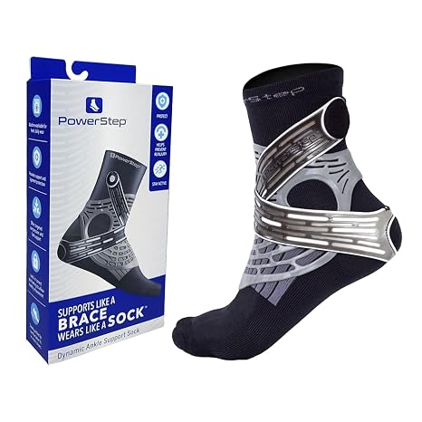 PowerStep Dynamic Ankle Support Sock, Ankle Brace and Ankle Compression Sock, for Flexibility, Ankle Support and Injury Prevention, Pain Relief, Unisex (Right Medium, Men's 7-9.5, Women's 8-10.5)