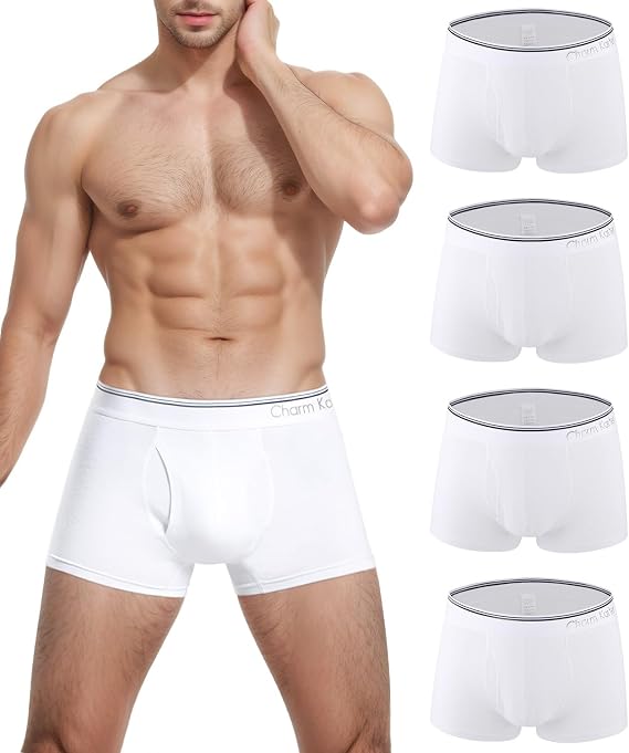 Men Cotton Boxer Briefs - Mens Trunks Underwear Breathable Boxer Shorts With Fly Pack Gifts, X-Large, 4white