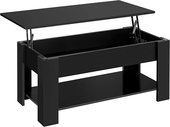 Topeakmart Small Lift Top Coffee Table with Hidden Storage, 38.6in Black | Sturdy Engineered Wood, Tabletop Raises to Couch Height for Meals or Laptop Work, Open Shelf & Compartment for Living Roo
