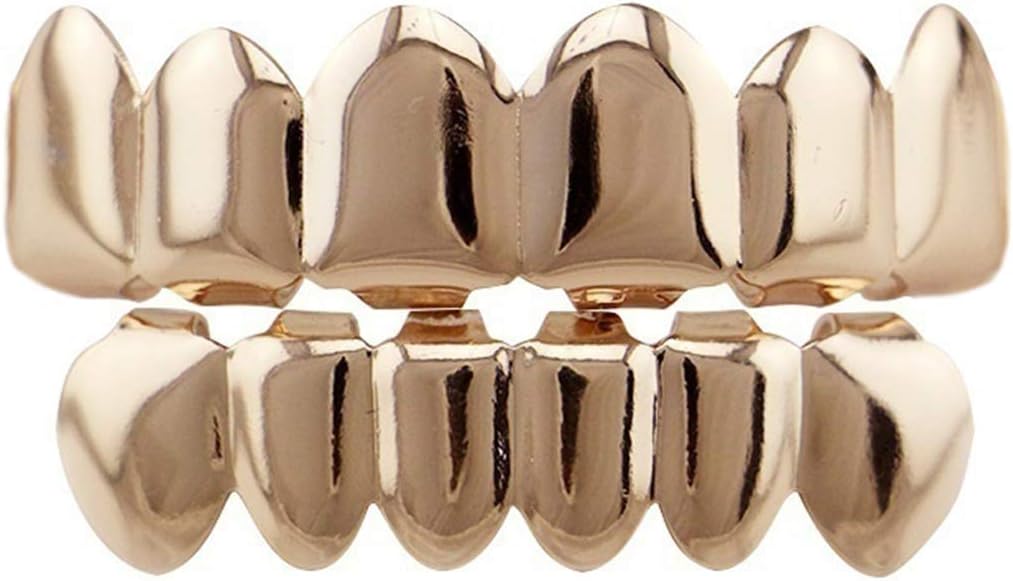 24K Gold Plated Hip Hop Teeth Grillz Punk Custom Fit Polished Teeth Grillz Caps Top & Bottom Grill Set with 2 Silicon Molding Bars Removable Grills For Women Men Gift Halloween Party