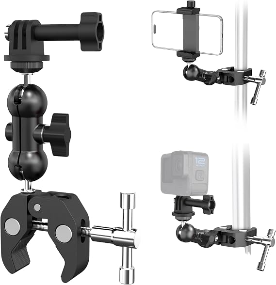 Coverzone Aksiyon Kamera Süper Kelepçe Montaj Seti Ballhead Magic Arm ile | 1/4 ve 3/8 Vida Girişli Evrensel Kamera Montajı DSLR, LED Işık, Telefon Tutacaklı, MG03
