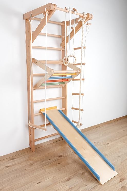 Swedish Ladder Wall Bars Sport-5-240-Color – Wooden Indoor Gym for Kids &amp; Adults, Montessori Climbing Frame, Room Decor, Home Fitness Stall Bar with Pull-Up Bar, Rope Swing, Rings,