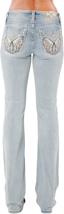 Miss Me Women's Niela Wing Embellished Faux Flap Pockets Mid-Rise Bootcut Jeans