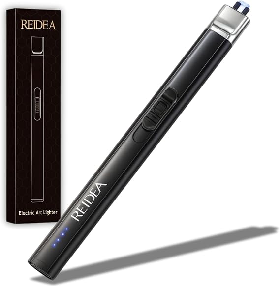 REIDEA Electric Lighter Gift for Candle Lovers, Windproof Flameless USB Rechargeable Arc Retractable Lighter with Safe Button and Power Indicator for BBQ and Fireworks, R1 Pro, Obsidian Black