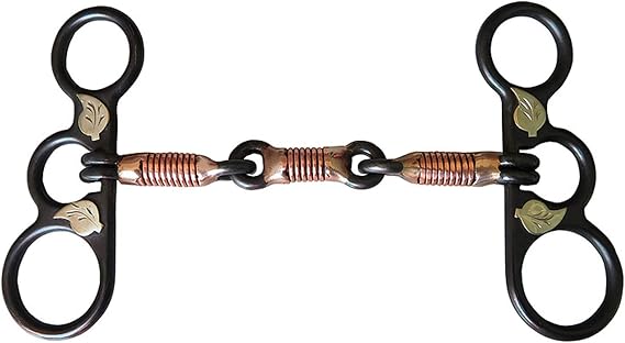 Horse Training Bit Western - 5" Copper Wire Wrapped Sweet Iron Mouth and Black Steel Cheek with Hand Engraved Silver Leaves, Snaffle Bits for Horse