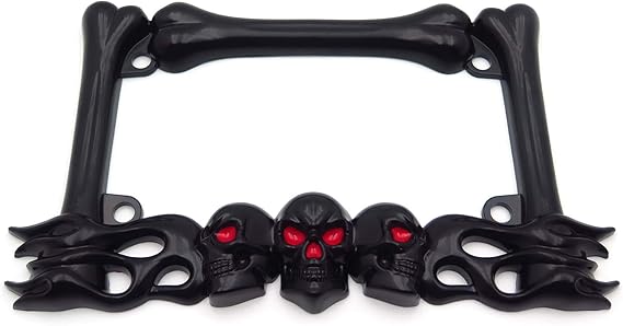 HTTMT- MT294-006- 3D SKULL FLAME BONES BLACK MOTORCYCLE LICENSE PLATE FRAME Compatible With HARLEY-DAVIDSON Black