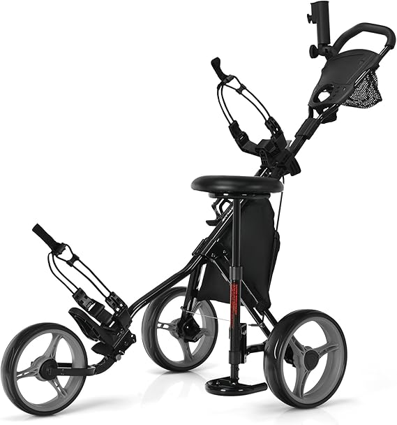 COSTWAY 3 Wheel Golf Push Pull Cart, Lightweight Foldable Golf Trolley with Adjustable Height Handle, Umbrella Stand, Cup Holder and Foot Brake