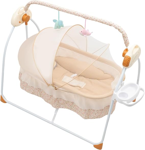 USB & Bluetooth Music Foldable Electric Swing Cradle, Remote Control Automatic Rocking Bed with 5 Swing Gears & Timing Function, Bluetooth Music Rest Bed with Mesh Net Toy Rack Cup Holder