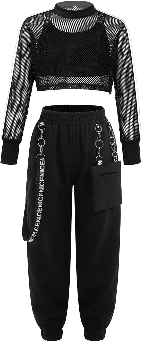 JanJean Kids 3 Piece Sports Tracksuit Girls Crop Tops with Sweatpants Joggers Set Jazz Dance Hip Hop Performance
