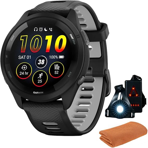Garmin Forerunner 265 Running GPS Smartwatch, AMOLED Display, 46mm, Black/Powder Gray, 010-02810-00 - Bundle w/Deco Essentials Cooling Towel and Commuter Safety Lights