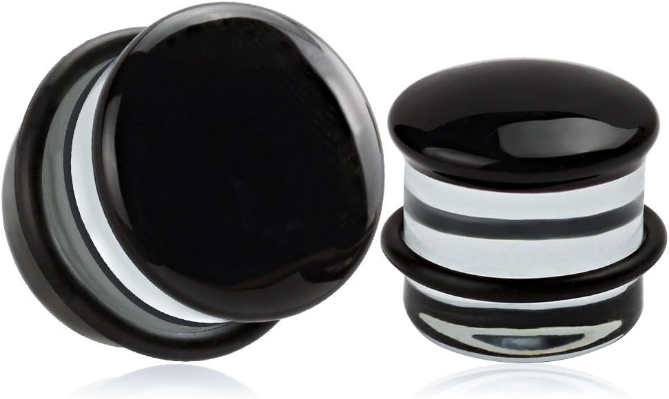 KUBOOZ(1 Pair Black-surface Glass O-Ring Ear Plugs Tunnels Gauges Stretcher Piercings 8g