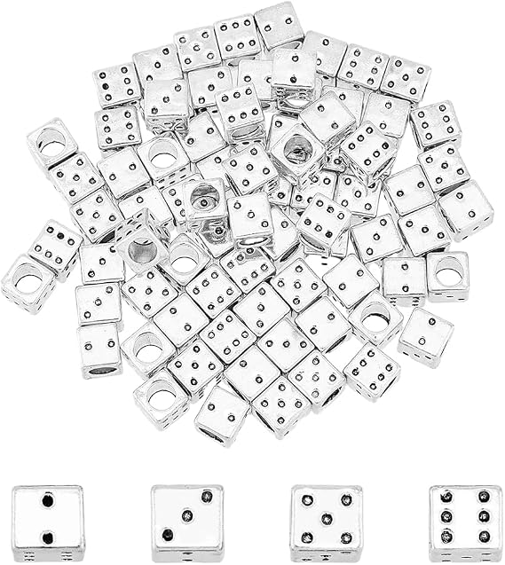 DICOSMETIC 100Pcs Antique Silver Roll of Dice Beads 7.5x7x7mm Alloy Cube Loose Beads Large Hole Square Spacer Bead Metal European Bead for DIY Jewelry Making, Hole: 5mm