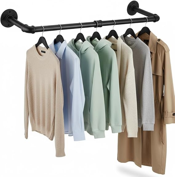 Wall Mounted Clothes Rail,Industrial Clothes Rail Wall Mounted,Space-Saving Heavy Duty Iron Garment Rod with Multi Purpose Hanging,Coat Rack for Closet Laundry Bedroom (90cm)