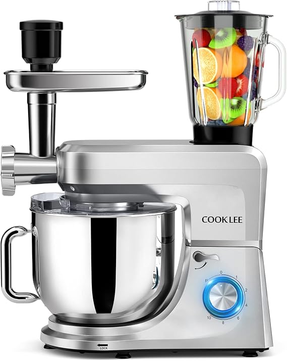 Stand Mixer COOKLEE 8L 1500W Electric Cake Mixer 10+1-Speed Food Mixer Tilt-Head Dough Mixer with 9 Accessories ,Dough Hooks,Bowl,Beater, Whisk and Cover For Baking,Dishwasher Safe [Energy Class A+++]