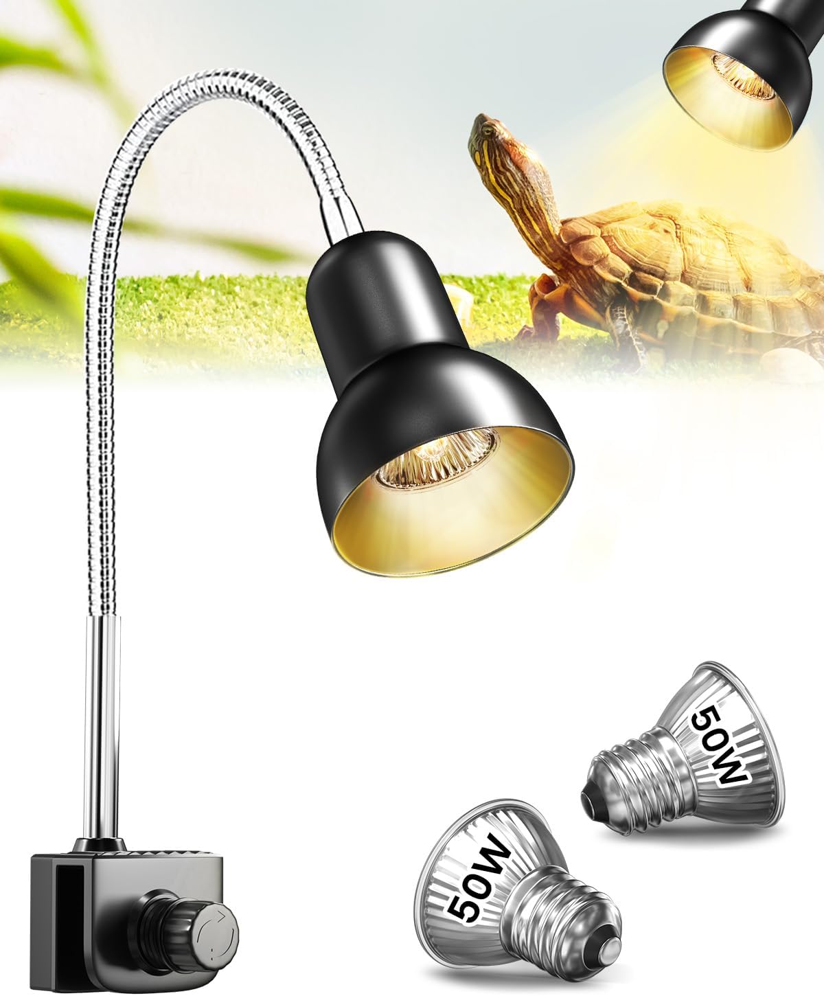 GlowUp Reptile Heat Lamp, Tortoise Heat Lamp with 2 * Basking Bulb, 360° Swivel Clamp Stand, E27 Basking Light for Reptiles Lizard, Turtle, Snake, Chameleon