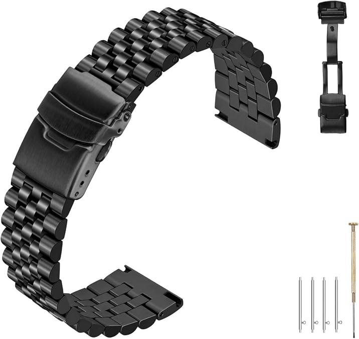 20mm 22mm 23mm 24mm Curved Ends Tapered Stainless Steel Watch Band, Screw in Quick Release Metal Watch Bands with FlipLock Buckle Brush Polished Silver Black Bracelets for Men Women