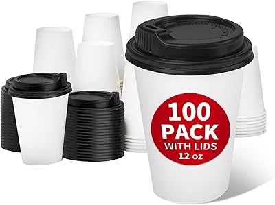 RACETOP 100 Pack 12 oz Disposable Paper Coffee Cups with Lids, Paper Cups with Lids 12 oz, Hot Cups for HomeOffice
