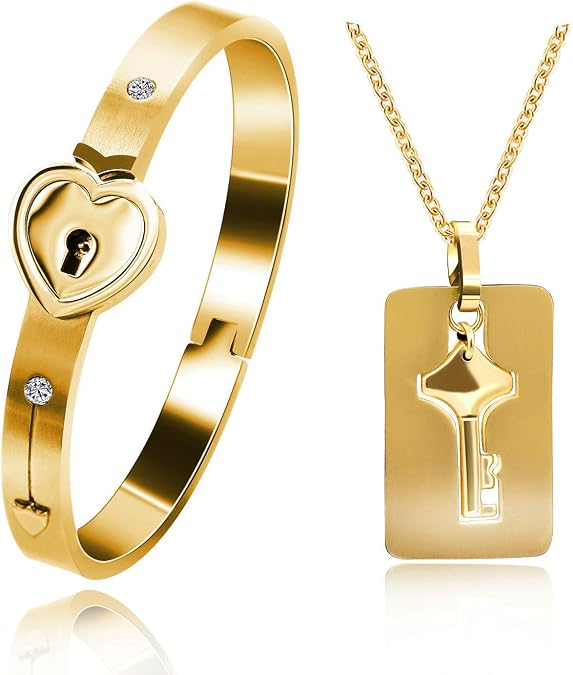 Uloveido Rose Gold Plated Titanium Matching Puzzle Couple Heart Lock Bracelet and Key Pendant Necklace for Men and Women