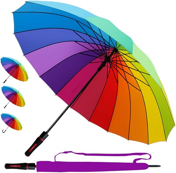 Windproof Strong Umbrella 60MPH - 16 Ribs For Super-Strength - Best Triple Layer Reinforced Frame with Fiberglass - Rainproof Straight Auto Open Rainbow Men Women - Choice of 3 Sizes