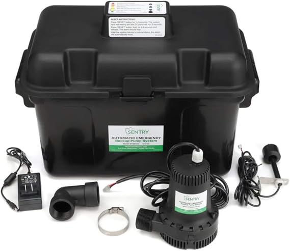 Basement Sentry Automatic Emergency Backup Sump Pump System (12V Battery Powered) Provides Additional Protection Against Basement Flooding When Power Goes Out