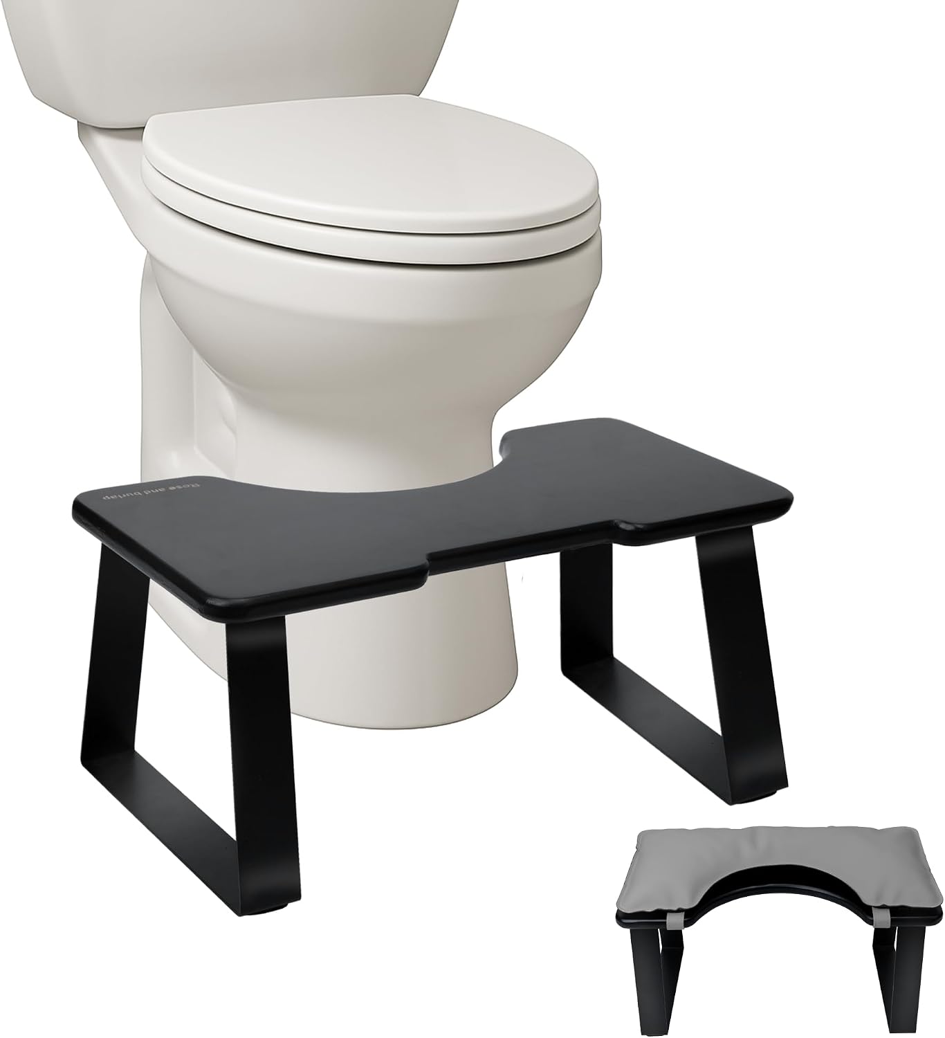 Wooden Toilet Stool, 2-in-1 Tied Cushion and Waterproof PU Leather, 7 and 9 Adjustable Heights, Improve Bathroom Posture and ComfortGray