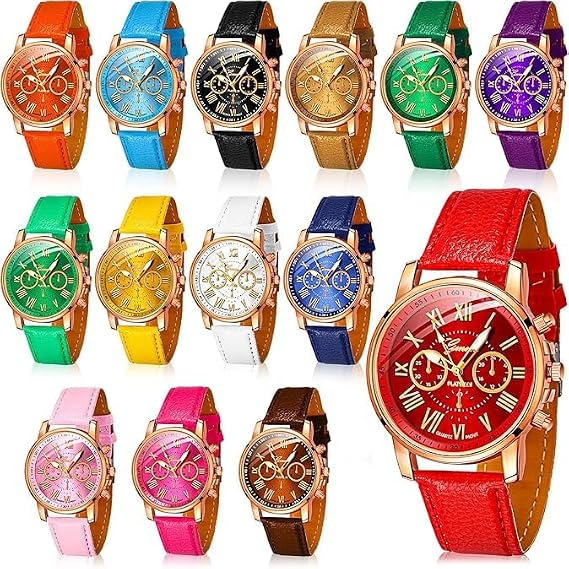 14 Pcs Assorted Platinum Watch Unisex Quartz Watch Sets for Women Men Ladies Watches Roman Numerals PU Leather Women's Wrist Watches