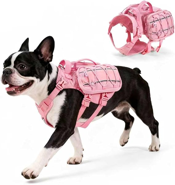Small Dog Harness Backpack, No Pull Adjustable Dog Vest with Handle & Leash Ring, Lightweight Dog Backpack with Side Pockets for Walking, Training & Day Hikes, Pink, S