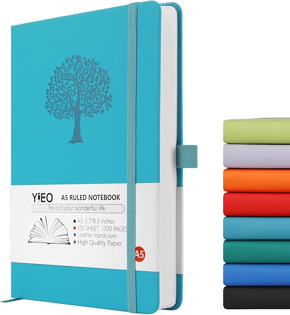 A5 Journal Notebook, 200 Pages Leather Notebook Journal for Men/Women, Hardback Note Book with 80GSM Lined Paper, No Bleed for Writing, Notepad for Office School Supplies, Lakeblue