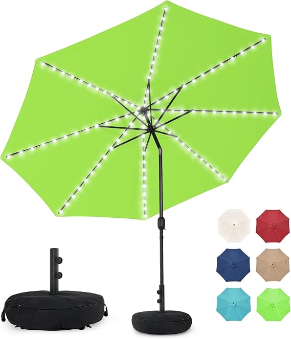 Sundale Outdoor Solar LED Patio Umbrella with Sand Bag Umbrella Base, Outdoor Umbrella with Tilt and Crank, Apple Green