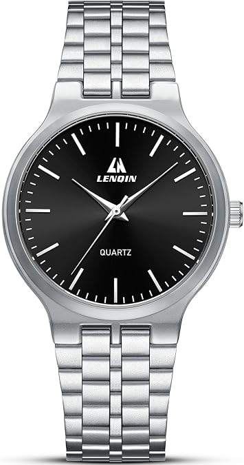 LN LENQIN Mens Stainless Steel Watches 30M Waterproof Ladies Analog Quartz Wrist Watches Gender-Neutral Minimalist Watch (Silver Black)