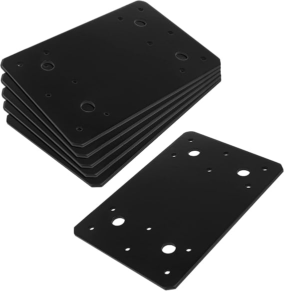 6 Pack Black Flat Mending Plate, 6" x 3-7/8" Steel Metal Bracket for Wood | Dual-Size Mounting Holes