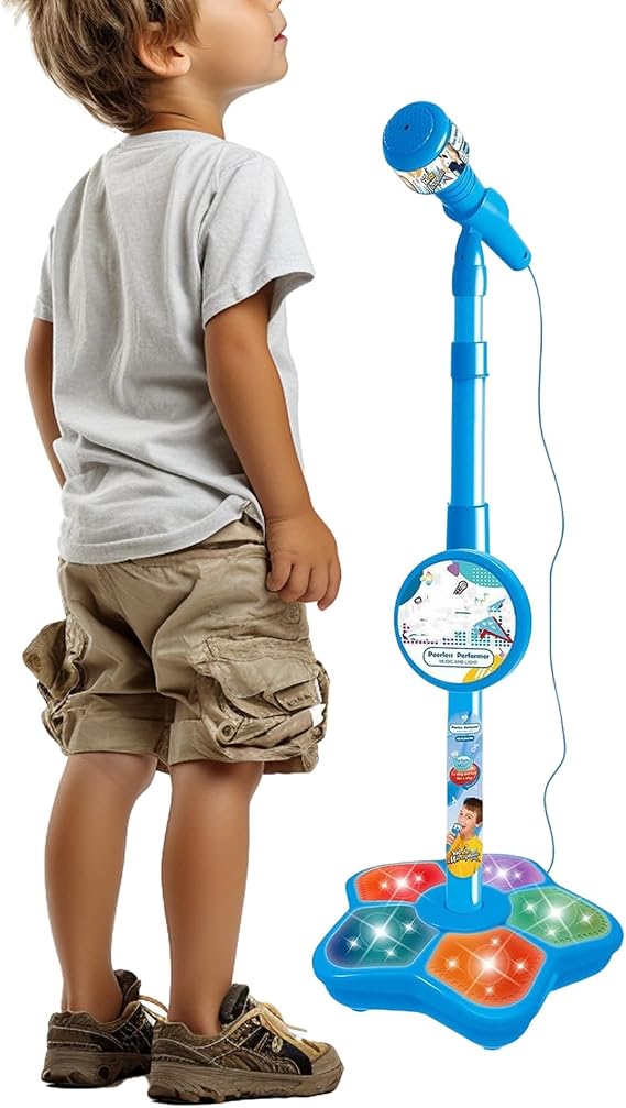 Kids Microphone with Stand- All in on-e Microphone Toy for Birthday Parties Singing, kar-aoke Machine Toy with Speaker & Flashing Stage Lights