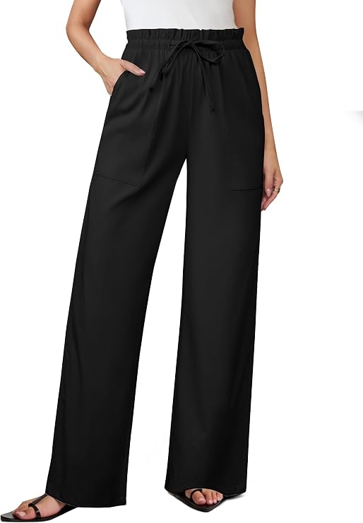 Womens Linen Wide Leg Pants, High Waisted Flowy Palazzo with Pockets Summer Drawstring Trousers Beach Travel Work