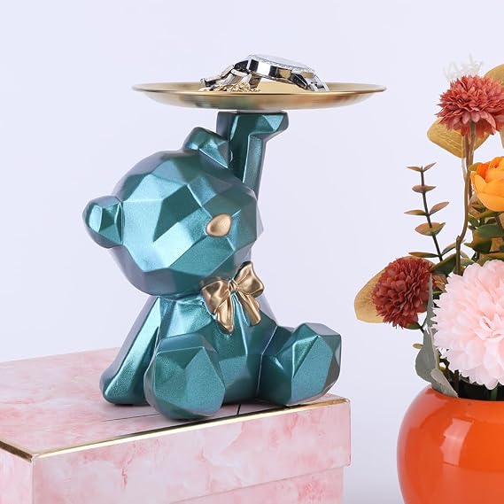 Geometric Bear Statue Key Bowl for Entryway Table, Geometric Cute Bear Candy Dish Decorative Ornament with Storage Tray Modern Art Nordic Statues Decor for Room Bar Entrance Office