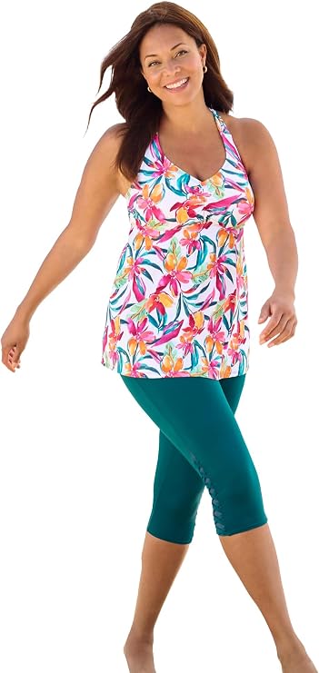 Women's Plus Size Longer-Length Ruched V-Neck Braided Racerback Tankini Top - 18, White Bright Floral