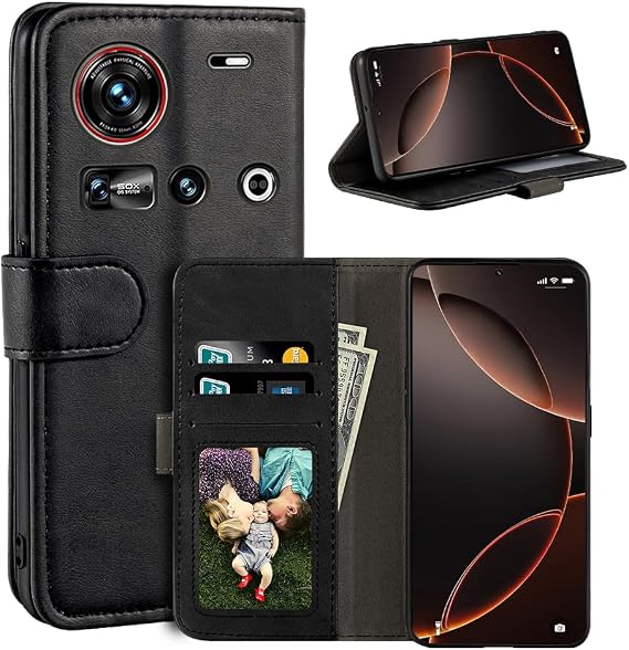 レザーフリップカバー ZTE Nubia Z70 Ultra 5G との互換性あり カードスロット付きウォレットケース、マグネットクロージャー、キックスタンド、RFID耐衝撃フォリオ ブラック