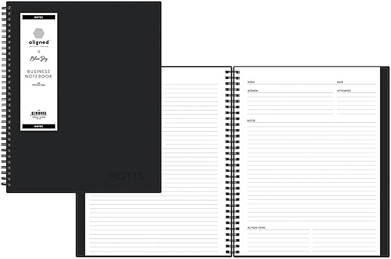 Blue Sky Aligned Notes Professional Business Notebook, Flexible Cover, Twin-Wire Binding, Perforated Pages, 8.5" x 11", Black