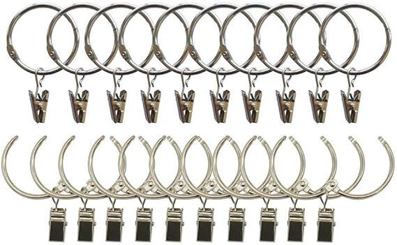 Curtain Clips with Rings 3 inch Interior Diameter,Easy to Open and Close,Loose Leaf Binder Rings,Movable Clasp Suitable Fixed Pole Shower Curtain Rings/Strong Hooks Set Silver (20)
