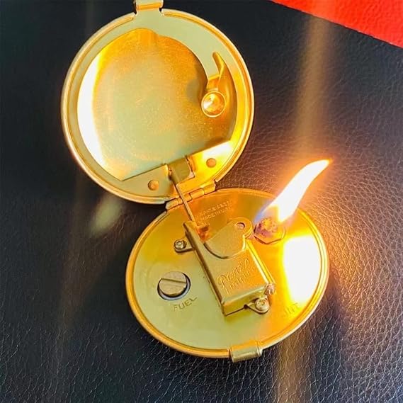 Creative Pressed Powder Retro Lighter Handmade Brass Compact Round Semi-Automatic Kerosene Lighter Mechanical Gasoline Lighter Gift for Women