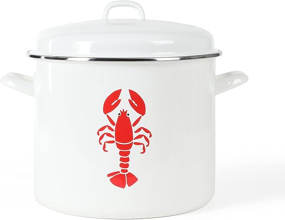 Martha Stewart 16-Quart Enamel on Steel Scratch-Resistant Lobster Stock Pot Linen Durable Large Capacity Pot for Boiling, Steaming & Seafood Cooking