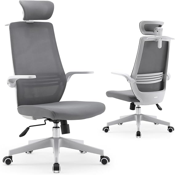 SIHOO M76A Office Chair, Ergonomic High-Back Desk Chair with Swivel Mesh Back, 3D Headrest, Adjustable Lumbar Support, 90 Flip-Up Armrests, Home Office Executive Task Chair (Gray)