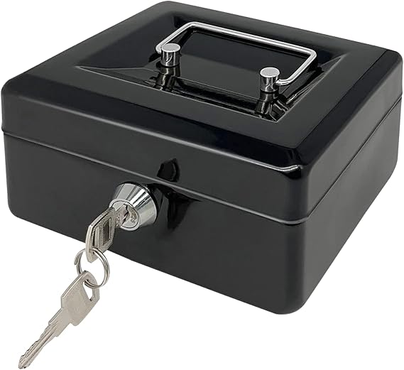 Steel Cash Box with Key Lock, Metal Small Money Organizer with Money Tray,Cash Storage Box with Lockable Cover (Black - 6 inch)