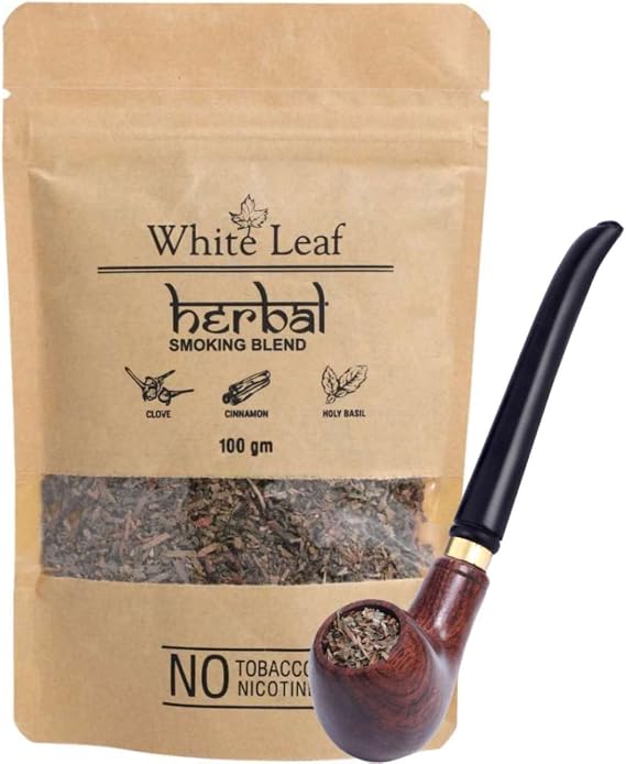 White Leaf Tobacco & Nicotine Free Herbal Smoking Blend with 100% Natural Herbs 1 Pack (3.5 Oz/ 100G) with Wooden Pipe